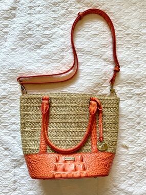 Brahmin Small Bowie Tote Poppy Mantle Straw Leather Crossbody